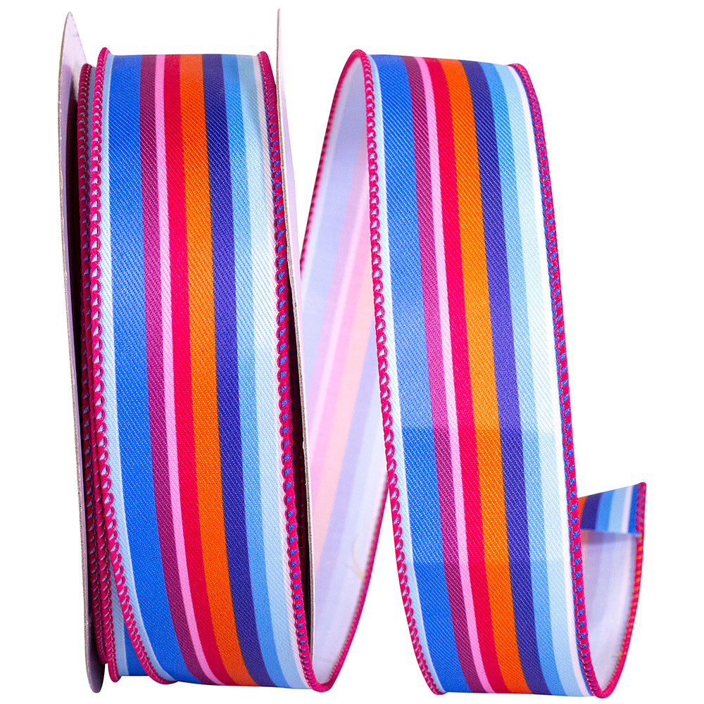 Multi 1-1 2 Inch Primary Vertical Stripe Twill Wired Edge Ribbon for Wreaths & Bows