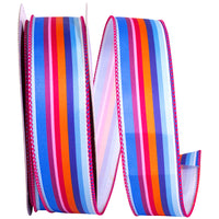 Multi 1-1 2 Inch Primary Vertical Stripe Twill Wired Edge Ribbon for Wreaths & Bows