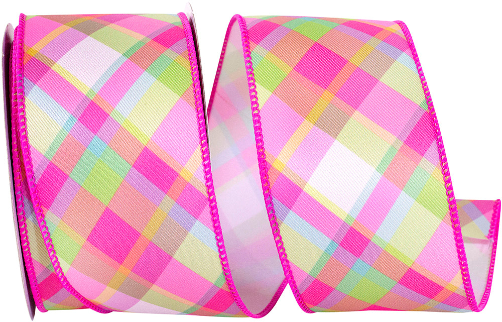 Bright Plaid Diagonal Wired Edge Ribbon 2-1/2 Inch Hot Pink
