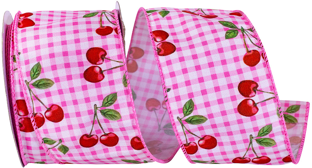 Pink Gingham Wired Edge Ribbon 2-1/2 Inch Cherries Pattern