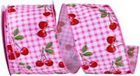 Pink Gingham Wired Edge Ribbon 2-1/2 Inch Cherries Pattern