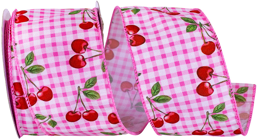 Pink Gingham Wired Edge Ribbon 2-1/2 Inch Cherries Pattern