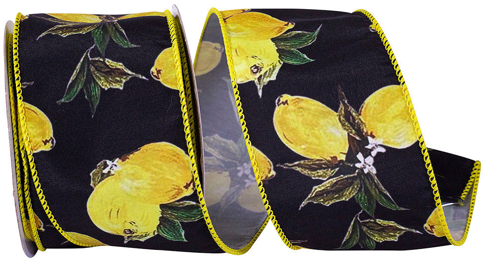 Black 2-1 2 Inch Lemons Reality Wired Edge Ribbon for Wreaths & Bows