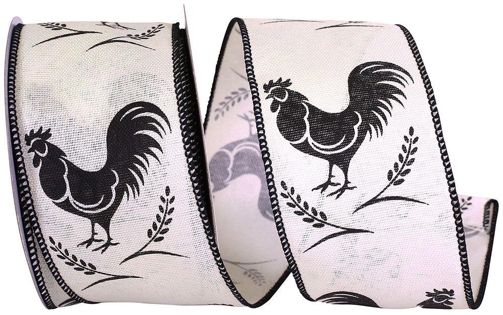 White Black 2-1 2 Inch Rooster Linen Silhouette Wired Edge Ribbon for Wreaths & Bows