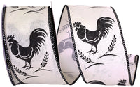 White Black 2-1 2 Inch Rooster Linen Silhouette Wired Edge Ribbon for Wreaths & Bows