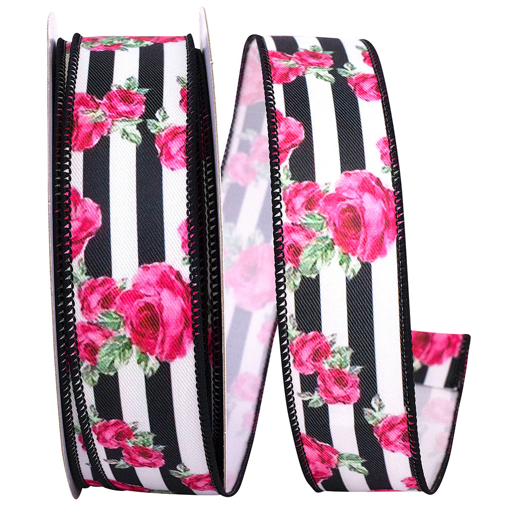 Black White 1-1 2 Inch Cabbage Roses And Stripes Wired Edge Ribbon for Wreaths & Bows