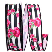 Black White 1-1 2 Inch Cabbage Roses And Stripes Wired Edge Ribbon for Wreaths & Bows