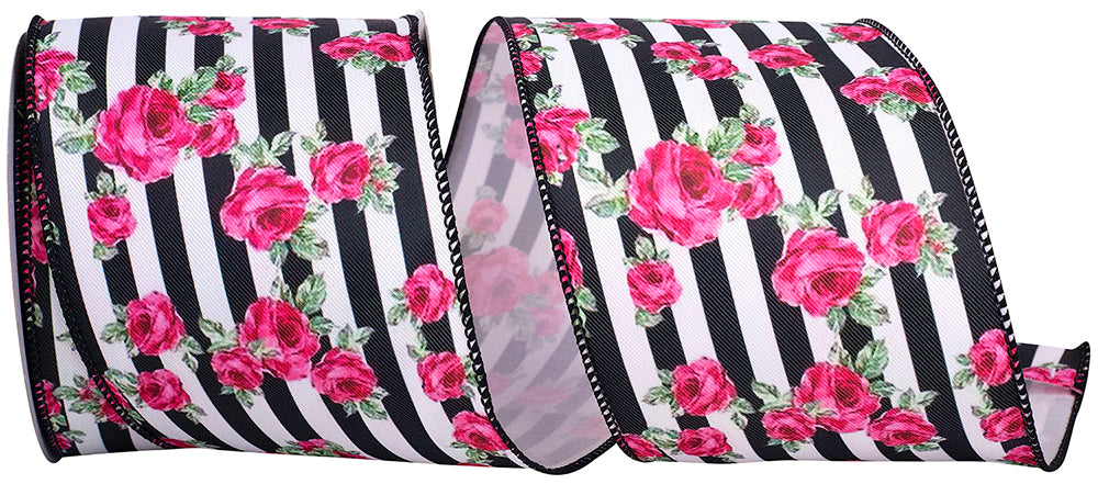 Black White 4 Inch Cabbage Roses And Stripes Wired Edge Ribbon for Wreaths & Bows