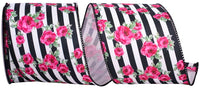 Black White 4 Inch Cabbage Roses And Stripes Wired Edge Ribbon for Wreaths & Bows
