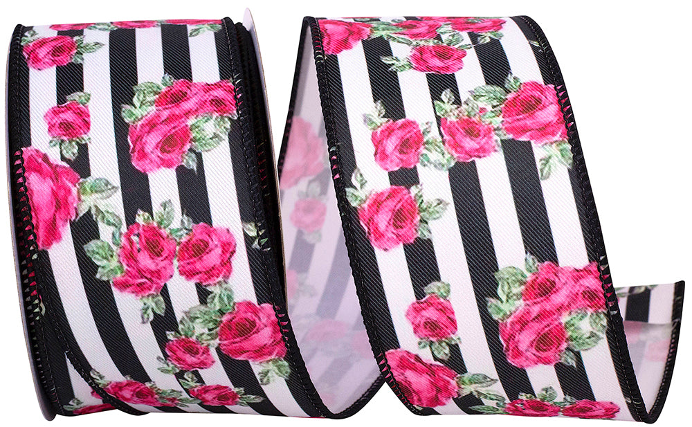 Black White 2-1 2 Inch Cabbage Roses And Stripes Wired Edge Ribbon for Wreaths & Bows
