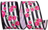 Black White 2-1 2 Inch Cabbage Roses And Stripes Wired Edge Ribbon for Wreaths & Bows