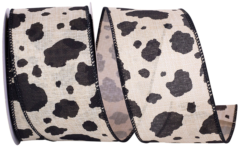 Natural Black 2-1 2 Inch Cow Print Linen Wired Edge Ribbon for Wreaths & Bows