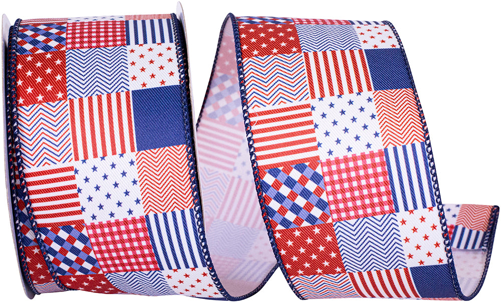 Red White Blue 2-1 2 Inch Patchwork Quilt Patriotic Wired Edge Ribbon for Wreaths & Bows