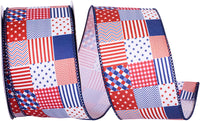 Red White Blue 2-1 2 Inch Patchwork Quilt Patriotic Wired Edge Ribbon for Wreaths & Bows