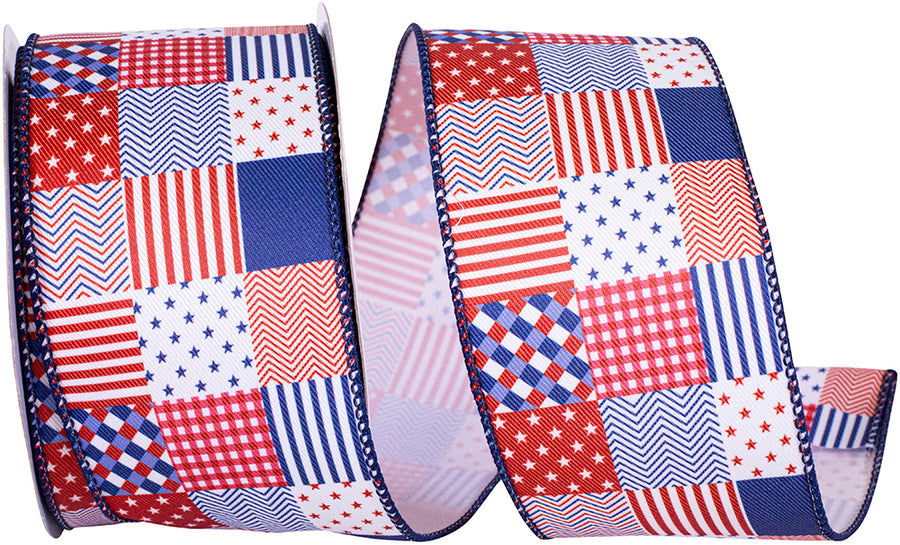 Red White Blue 2-1 2 Inch Patchwork Quilt Patriotic Wired Edge Ribbon for Wreaths & Bows