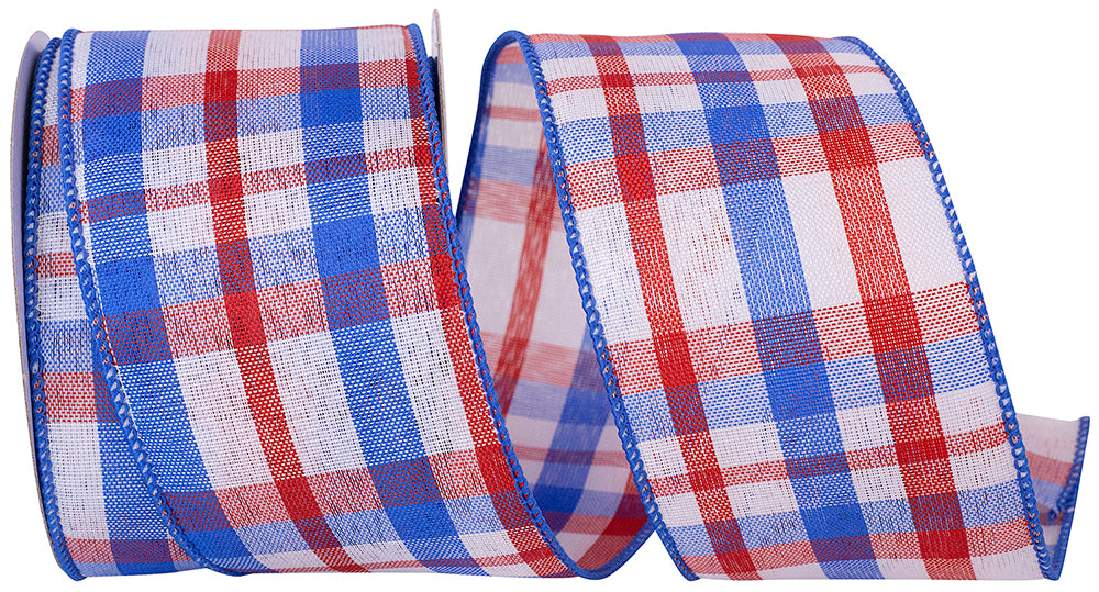 Patriotic Plaid Linen Wired Edge Ribbon Red White Blue 2-1/2 Inch