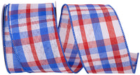 Patriotic Plaid Linen Wired Edge Ribbon Red White Blue 2-1/2 Inch