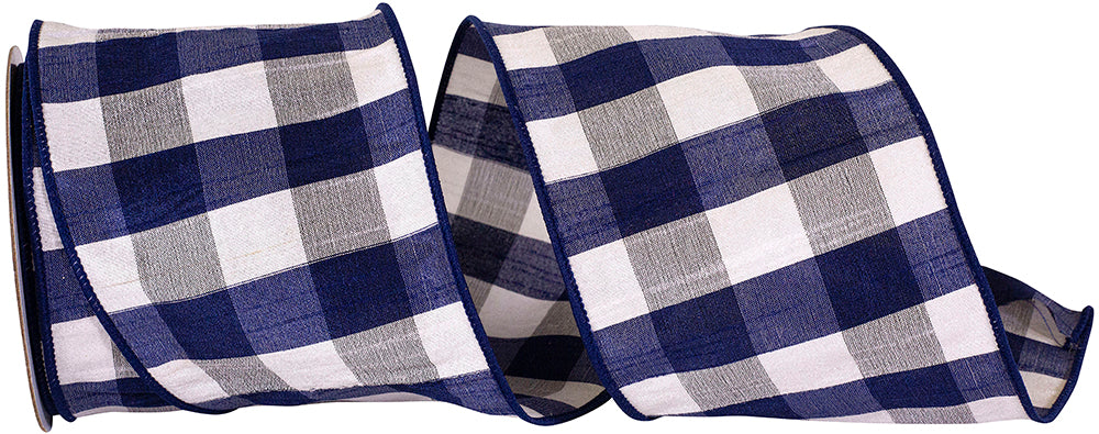Navy 4 Inch Check Dupioni Delight Wired Edge Ribbon for Wreaths & Bows
