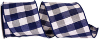 Navy 4 Inch Check Dupioni Delight Wired Edge Ribbon for Wreaths & Bows