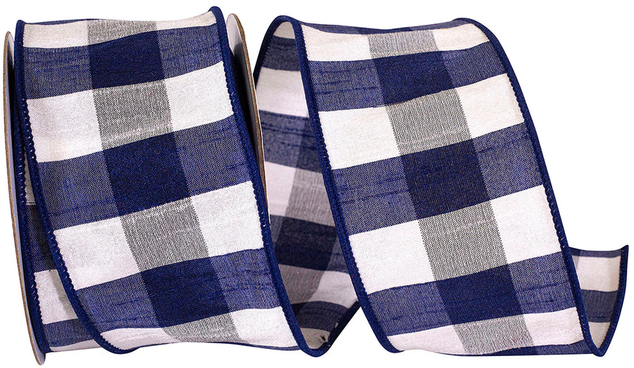 Navy 2-1 2 Inch Check Dupioni Delight Wired Edge Ribbon for Wreaths & Bows