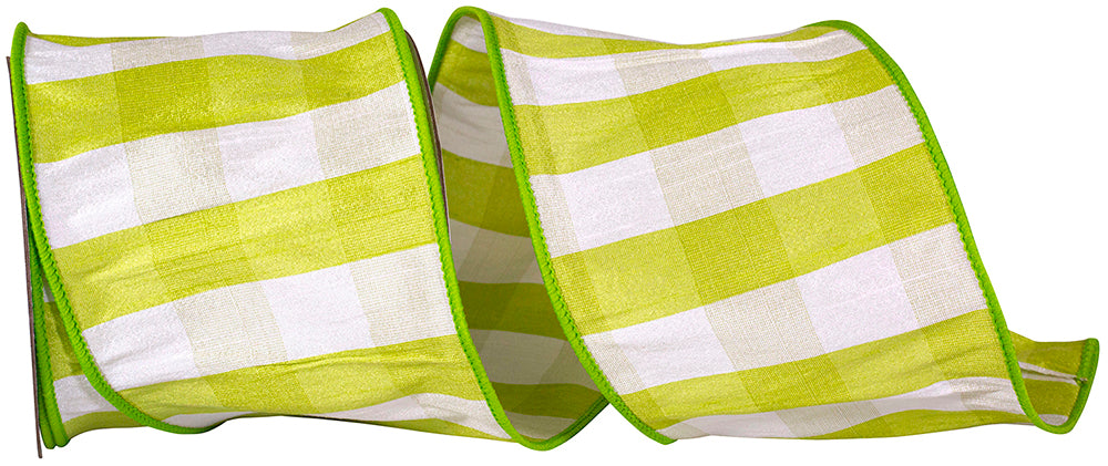 Green 4 Inch Check Dupioni Delight Wired Edge Ribbon for Wreaths & Bows