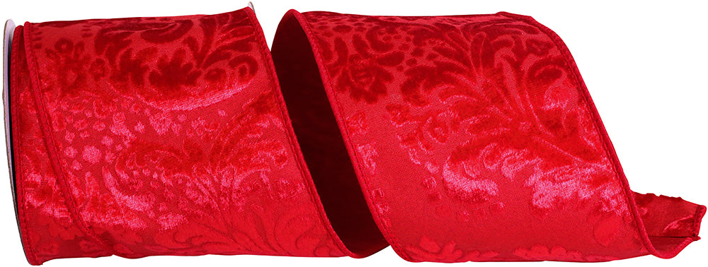 Red 4 Inch Velvet Filigree Deluxe Wired Edge Ribbon for Wreaths & Bows