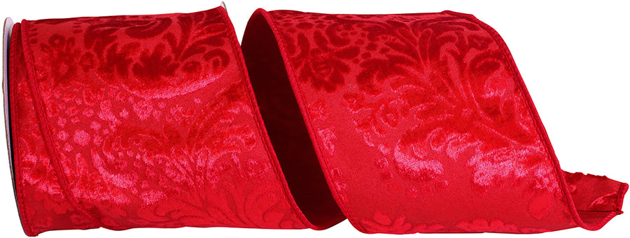 Red 4 Inch Velvet Filigree Deluxe Wired Edge Ribbon for Wreaths & Bows