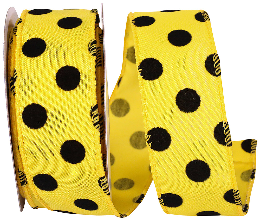 Yellow 1-1 2 Inch Linen Velvet Dots Luis Wired Edge Ribbon for Wreaths & Bows
