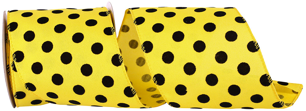 Yellow 4 Inch Linen Velvet Dots Luis Wired Edge Ribbon for Wreaths & Bows