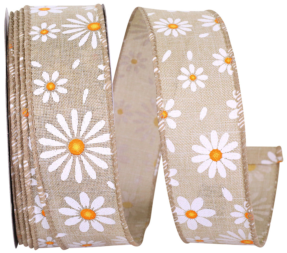 Natural 1-1 2 Inch Daisy Petals Linen Wired Edge Ribbon for Wreaths & Bows