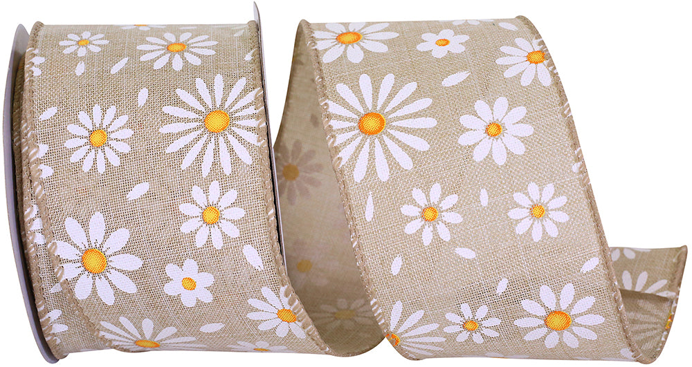 Natural 2-1 2 Inch Daisy Petals Linen Wired Edge Ribbon for Wreaths & Bows