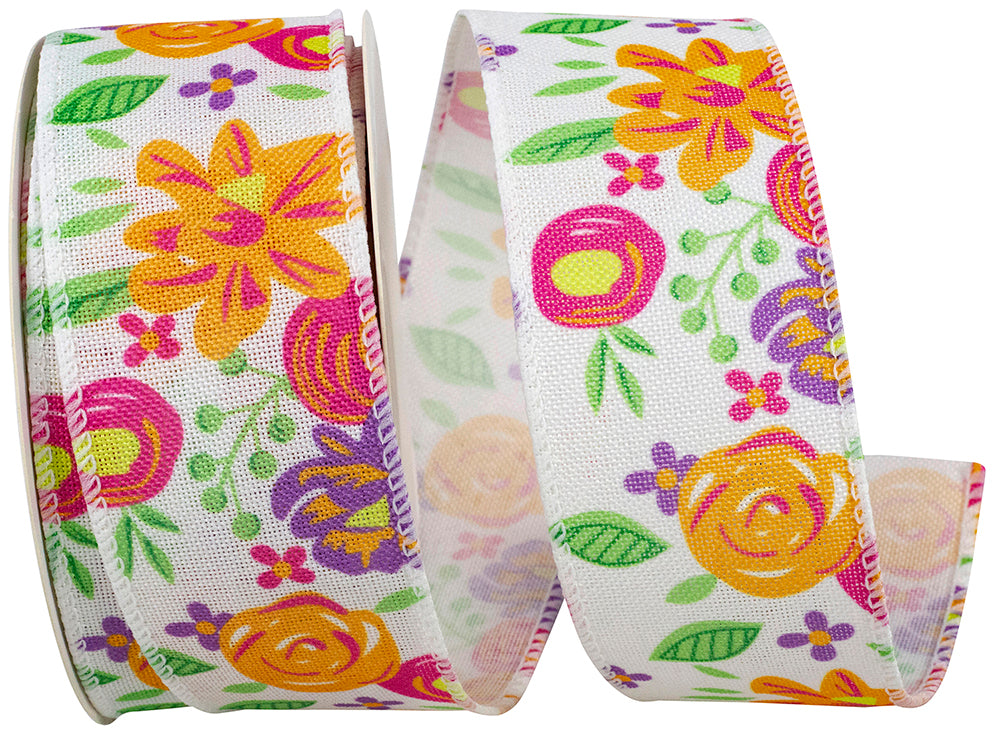 White 1-1 2 Inch Sahara Floral Wired Edge Ribbon for Wreaths & Bows