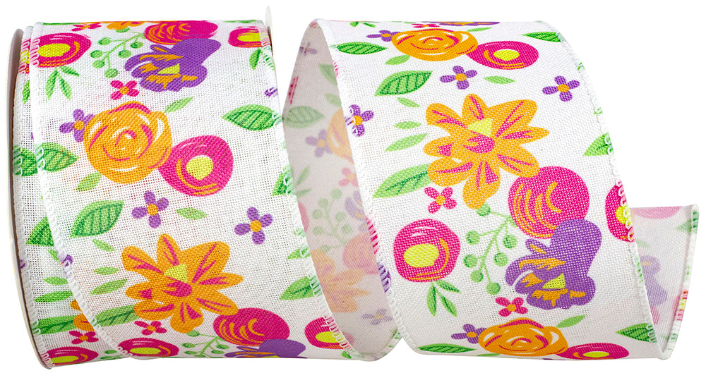 White 2-1 2 Inch Sahara Floral Wired Edge Ribbon for Wreaths & Bows