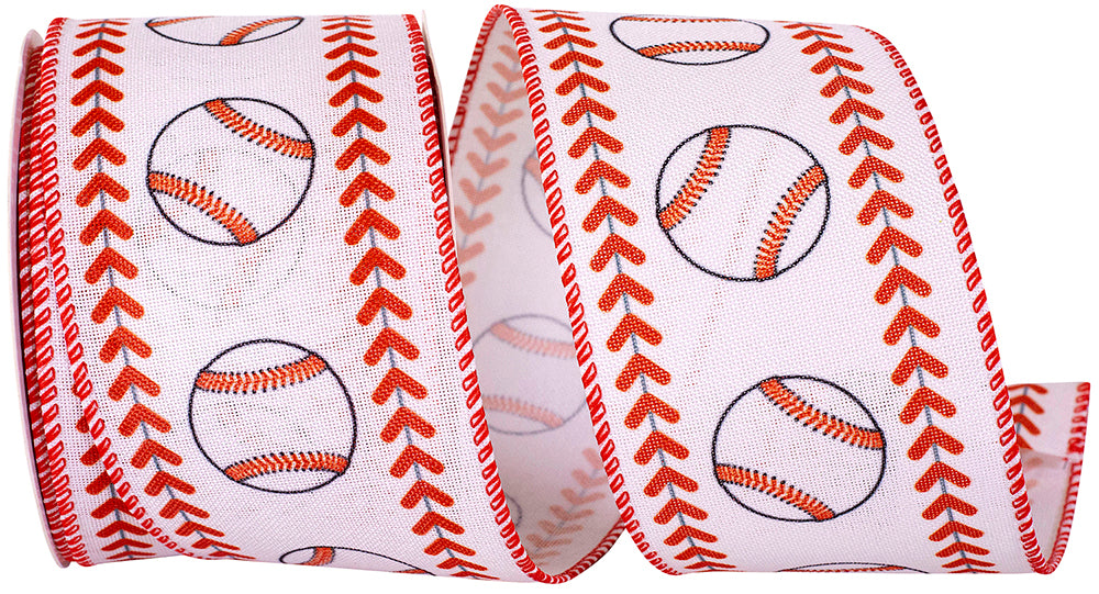 White Red 2-1 2 Inch Baseballs Stitching Linen Wired Edge Ribbon for Wreaths & Bows