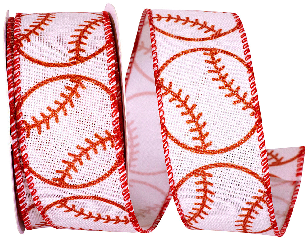 White Red 1-1 2 Inch Baseball Spin Linen Wired Edge Ribbon for Wreaths & Bows