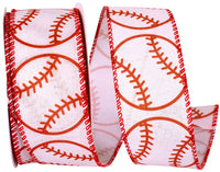 White Red 1-1 2 Inch Baseball Spin Linen Wired Edge Ribbon for Wreaths & Bows