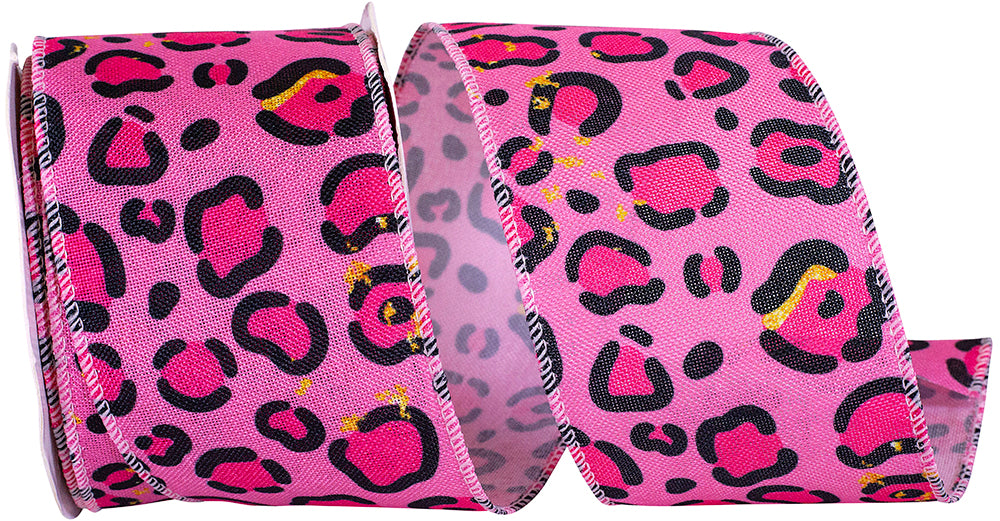 2-1 2 Inch Leopard Spot Pink Wired Edge Ribbon for Wreaths & Bows