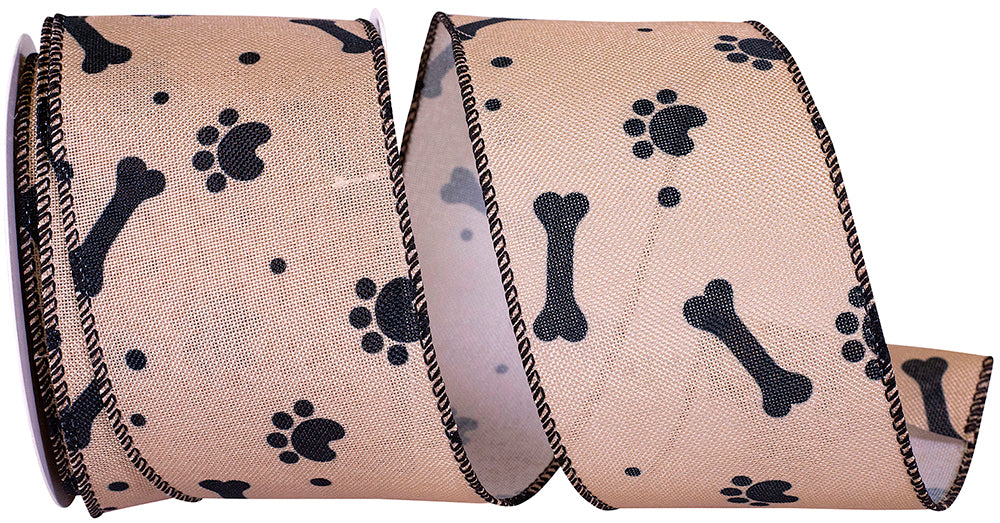 Natural Black 2-1 2 Inch Dog Bones & Paws Linen Wired Edge Ribbon for Wreaths & Bows