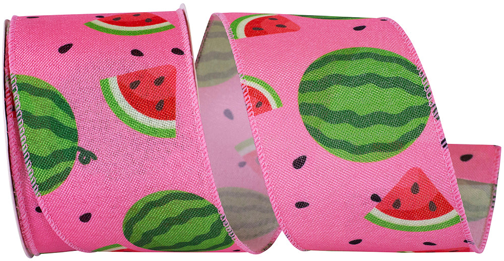 Pink 2-1 2 Inch Watermelon & Seeds Linen Wired Edge Ribbon for Wreaths & Bows