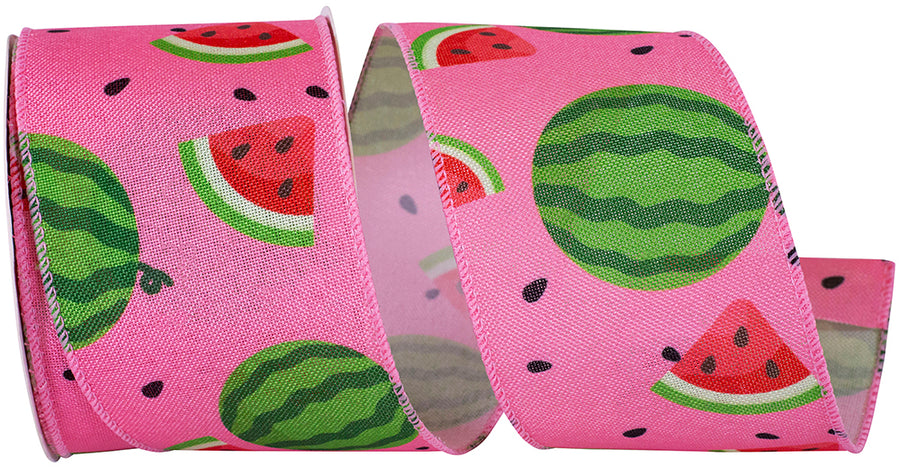 Pink 2-1 2 Inch Watermelon & Seeds Linen Wired Edge Ribbon for Wreaths & Bows