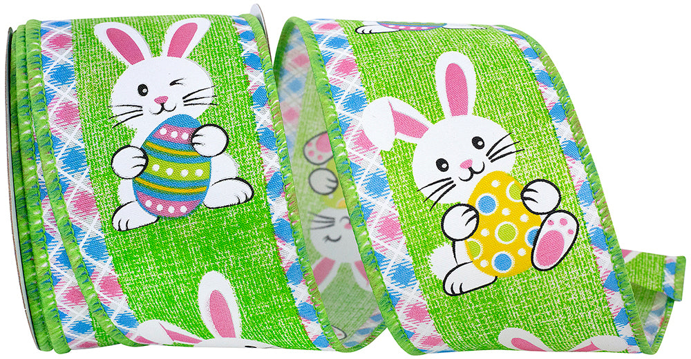 Green 2-1 2 Inch Easter Bunny Egg With Ticking Wired Edge Ribbon for Wreaths & Bows