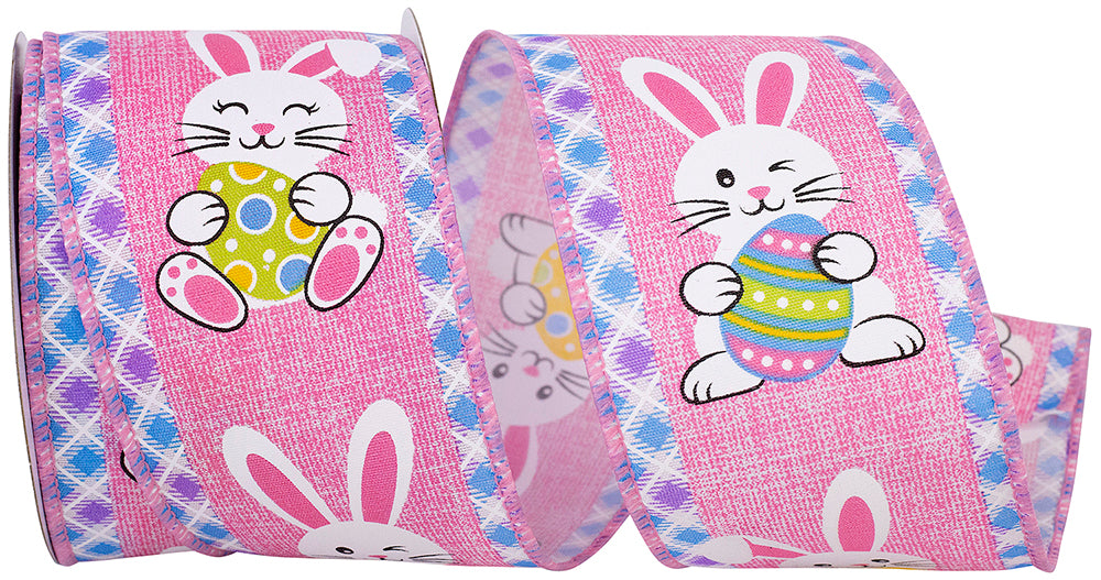 Pink 2-1 2 Inch Easter Bunny Egg With Ticking Wired Edge Ribbon for Wreaths & Bows