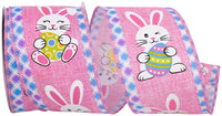 Pink 2-1 2 Inch Easter Bunny Egg With Ticking Wired Edge Ribbon for Wreaths & Bows