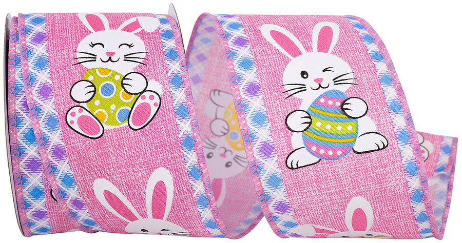 Pink 2-1 2 Inch Easter Bunny Egg With Ticking Wired Edge Ribbon for Wreaths & Bows