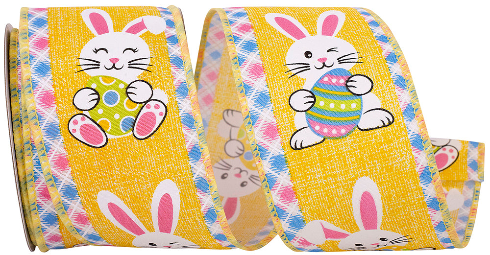 Yellow 2-1 2 Inch Easter Bunny Egg With Ticking Wired Edge Ribbon for Wreaths & Bows