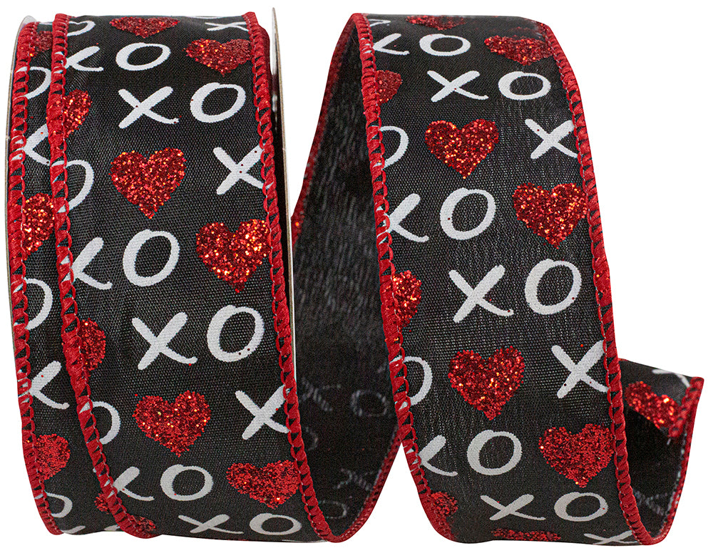 Xoxo Glitter Hearts Wired Edge Ribbon Black 1-1/2 Inch