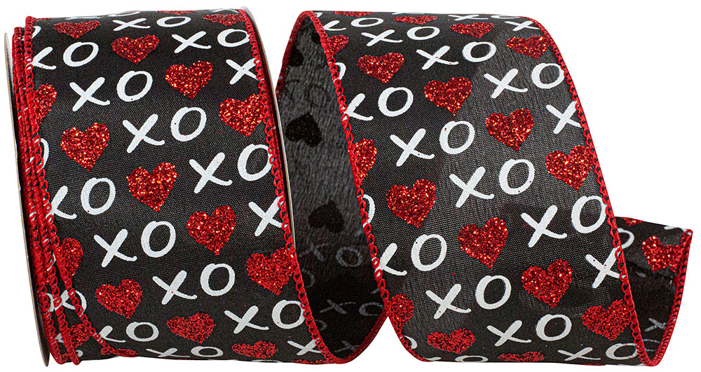 Xoxo Glitter Hearts Wired Edge Ribbon Black 2-1/2 Inch