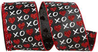Xoxo Glitter Hearts Wired Edge Ribbon Black 2-1/2 Inch
