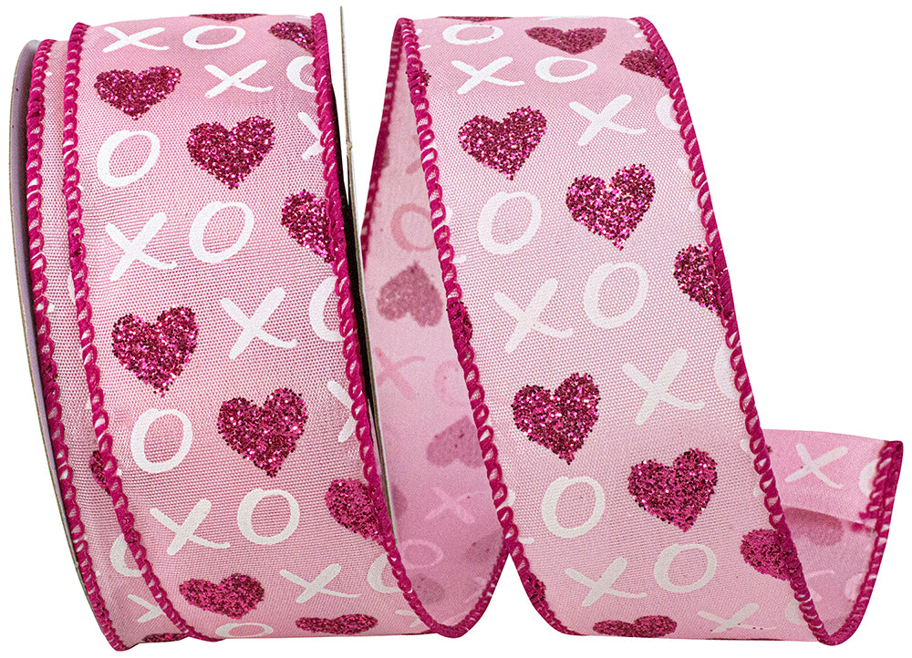 Pink Wired Edge Ribbon Xoxo Glitter Hearts 1-1/2 Inch
