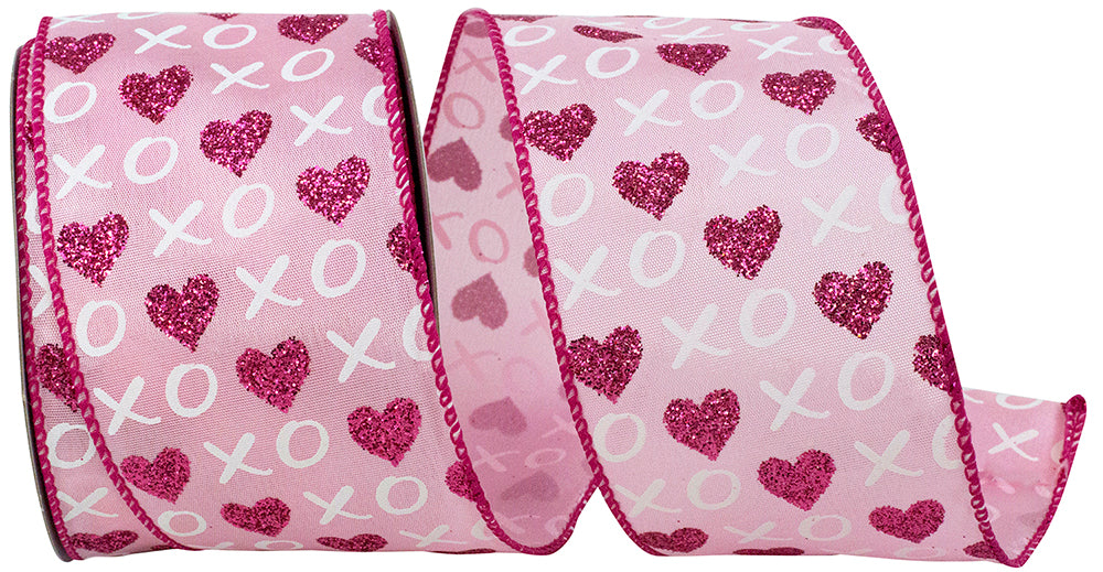 Pink Wired Edge Ribbon 2-1/2 Inch Xoxo Glitter Hearts